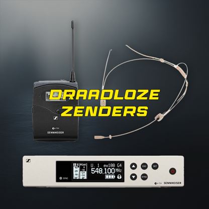 Diverse draadloze microfoons inclusief handheld, headset en dasspeldmicrofoon op tafel met ontvanger