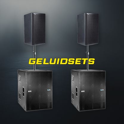 Complete geluidssysteem met luidsprekers, versterker en mixpaneel